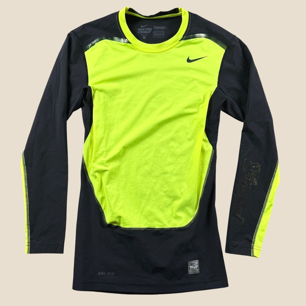 Nike Pro Combat Compression Shirt Men M Black Volt Neon Yellow Power Vapor Top